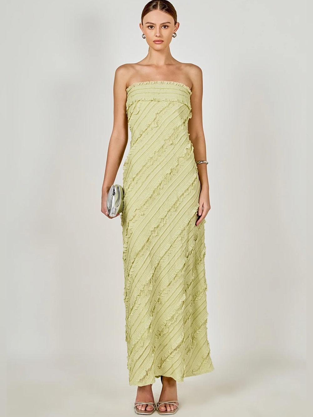Anthropologie Strapless Ruffled Maxi Dress in Pale Green